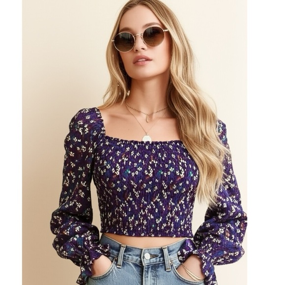 NWT BAND OF THE FREE Cropped Purple Floral Smocked Long Sleeve Blouse Sz XS - Picture 1 of 12